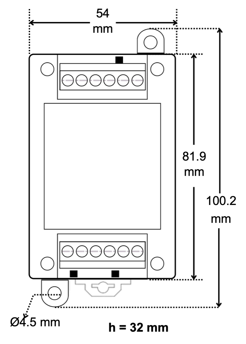 Sensio ölçü çizimi: genişlik 54 mm, yükseklik 100,2 mm (gövde 81,9 mm), derinlik 32 mm, montaj deliği çapı 4,5 mm